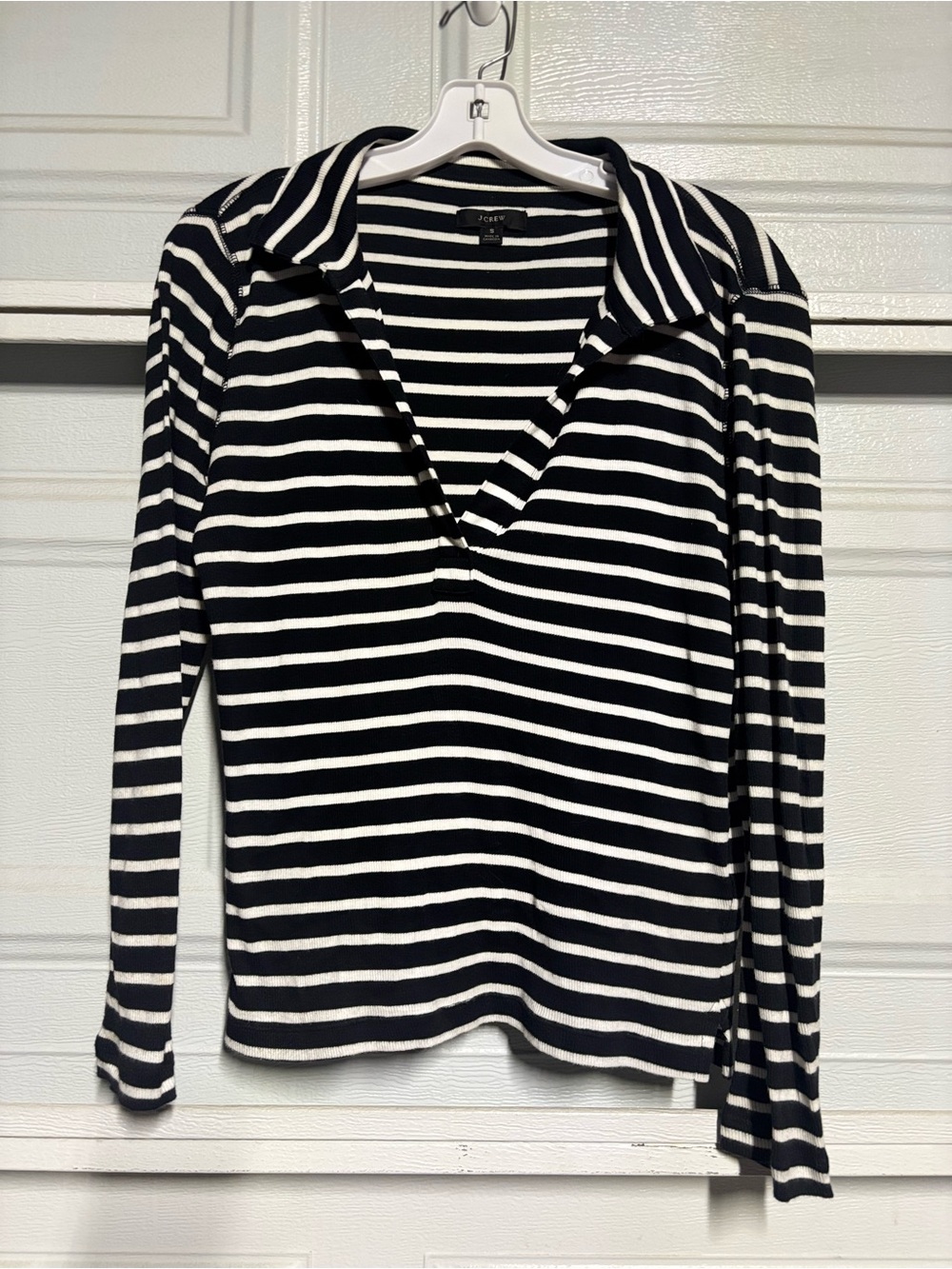 J. Crew Black and White Striped Long-Sleeve Polo Knit